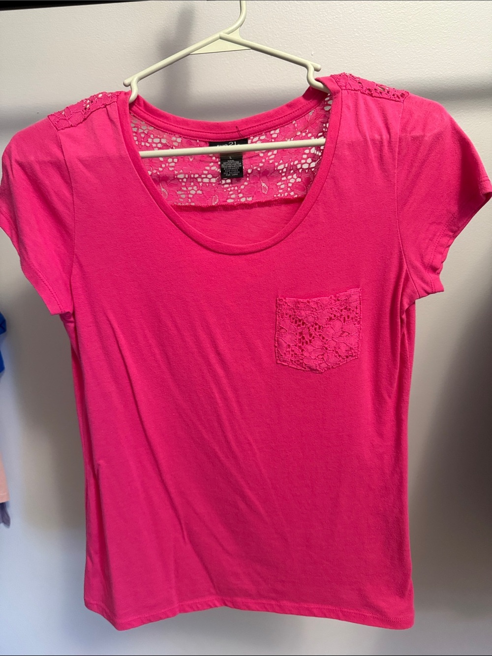 Rue21 Hot Pink Short Sleeve Scoop Neck Tee with Lace Trim